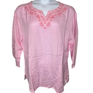 Uniti Casuals Pink‎ Linen Blend Embroidered Tunic Top 3X Boho Coastal Breezy